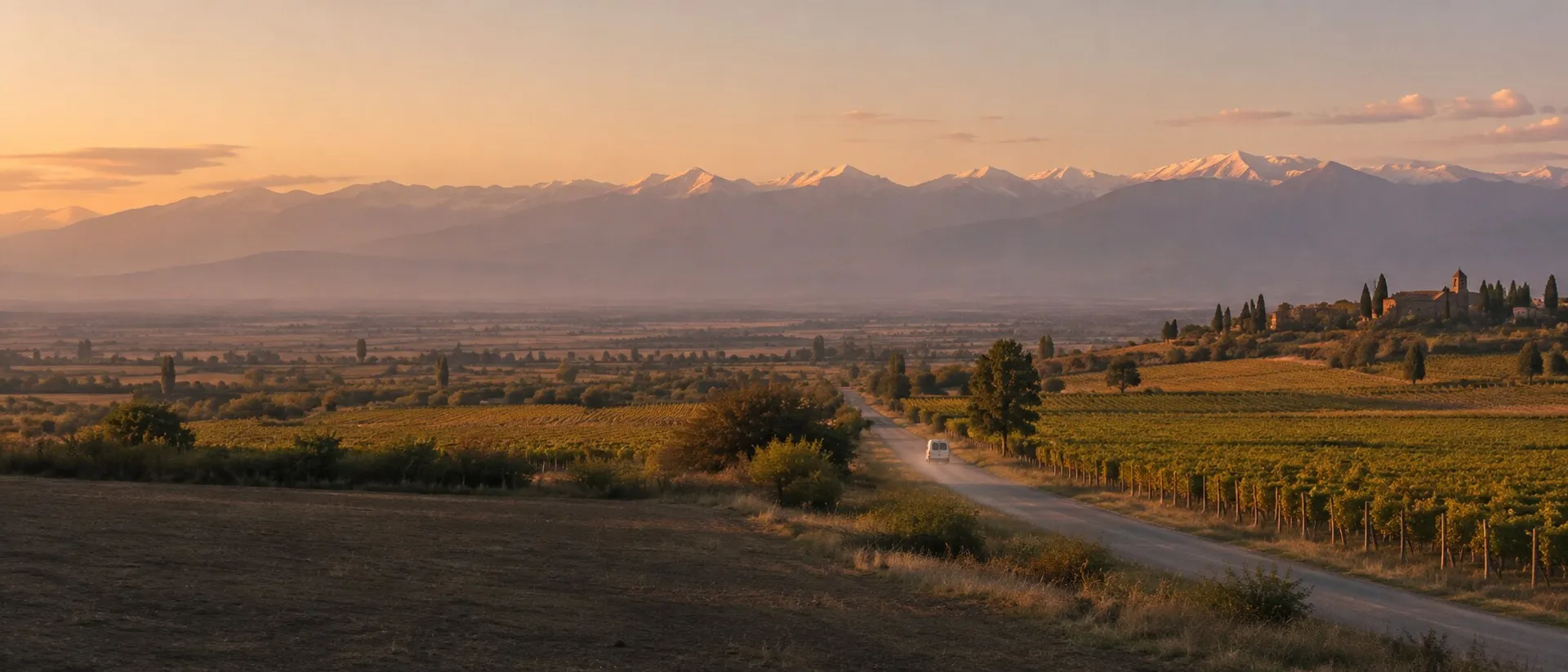Vineyards in a Georgian valley at golden hour, with the Caucasus mountains behind