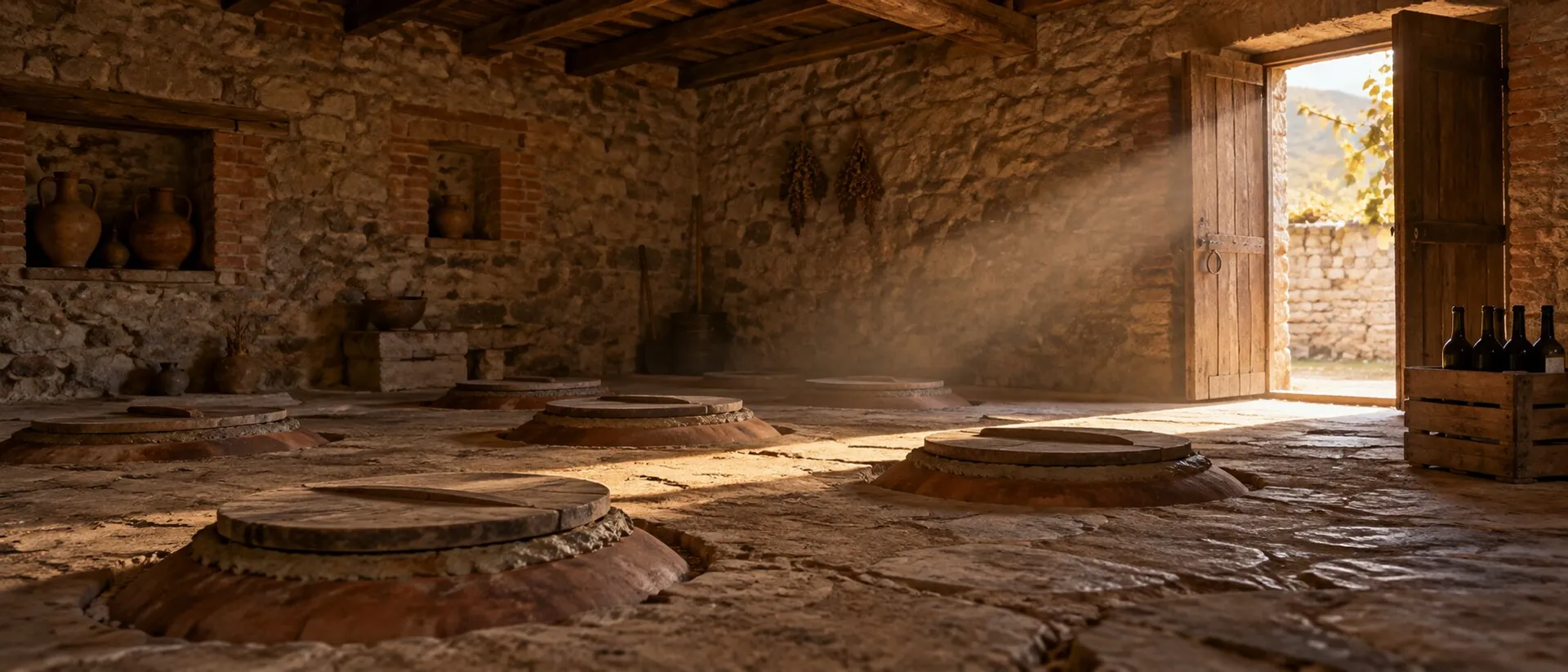 A traditional Georgian marani: clay qvevri buried in a stone floor, a crate of wine bottles by the open door